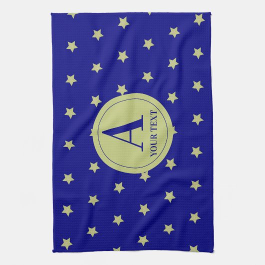Elegant Gold & Blue Star Pattern Monogram Theedoek (Verticaal)