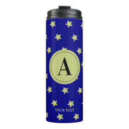 Elegant Gold & Blue Star Pattern Monogram Thermosbeker