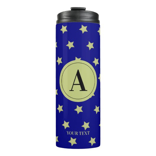 Elegant Gold & Blue Star Pattern Monogram Thermosbeker (Voorkant)
