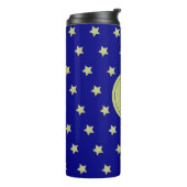 Elegant Gold & Blue Star Pattern Monogram Thermosbeker (Gedraaid links)