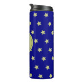 Elegant Gold & Blue Star Pattern Monogram Thermosbeker (Geroteerd rechts)