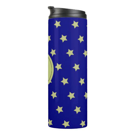 Elegant Gold & Blue Star Pattern Monogram Thermosbeker (Geroteerd rechts)