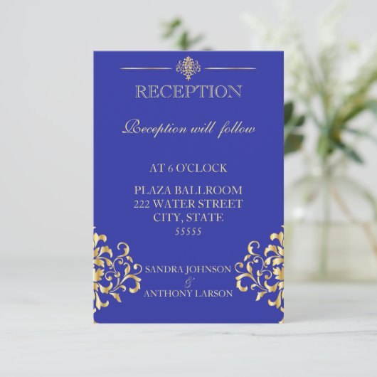 Elegant Gold & Blue Wedding Reception Kaart (Staand voorkant)
