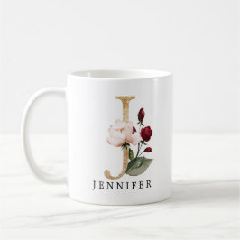 Elegant Gold Blush en Burgundy Flower Letter J Koffiemok