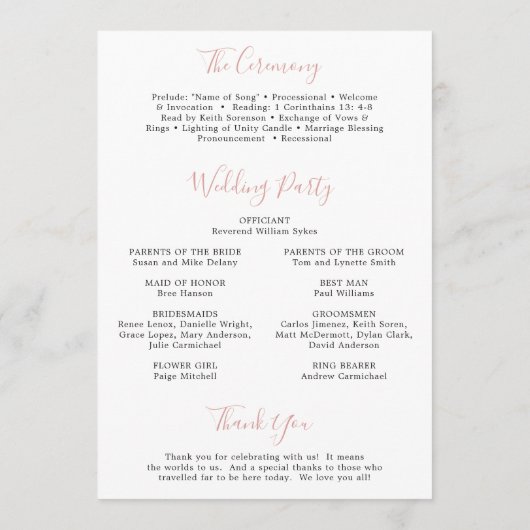 Elegant Gold Blush Pink Floral Wedding Programmakaart (Achterkant)