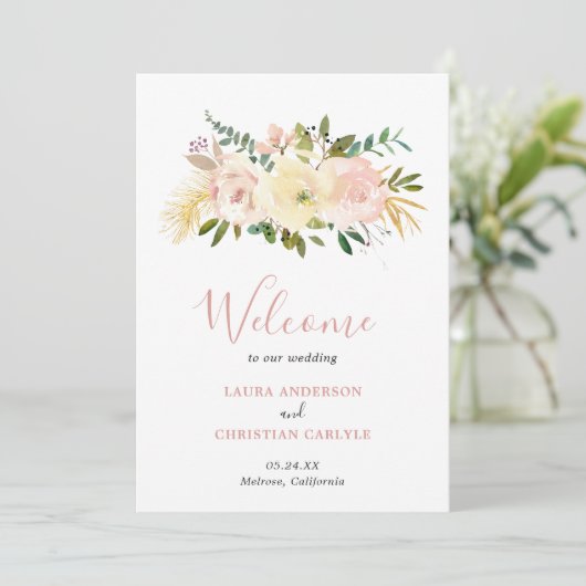 Elegant Gold Blush Pink Floral Wedding Programmakaart (Staand voorkant)