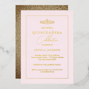 Elegant Gold Blush Pink Quinceanera 15e verjaardag Folie Uitnodiging