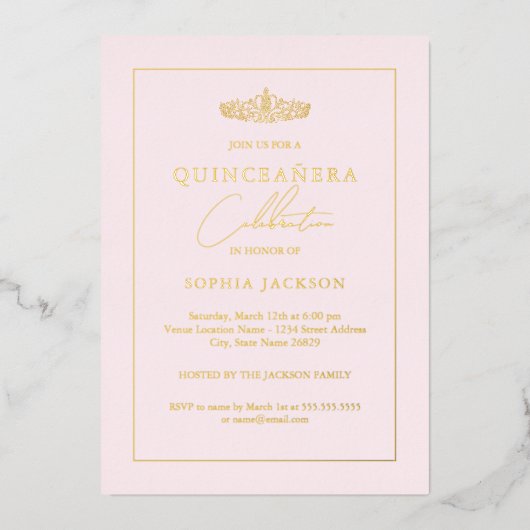 Elegant Gold Blush Pink Quinceanera 15e verjaardag Folie Uitnodiging (Voorkant)