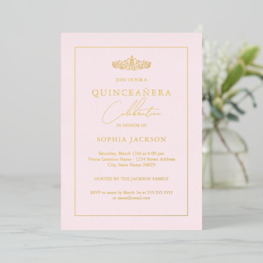 Elegant Gold Blush Pink Quinceanera 15e verjaardag Folie Uitnodiging (Staand Voorkant)