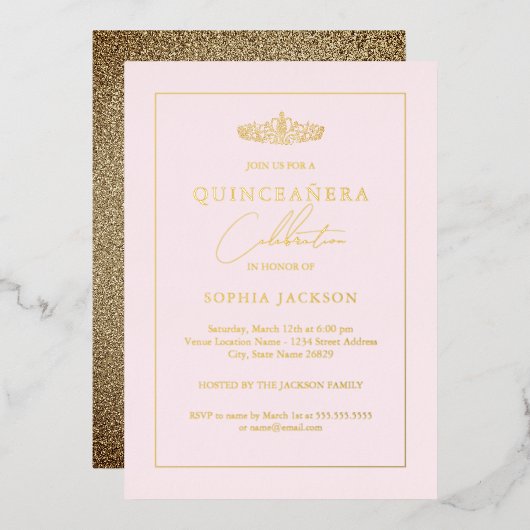 Elegant Gold Blush Pink Quinceanera 15e verjaardag Folie Uitnodiging (Voorkant / Achterkant)