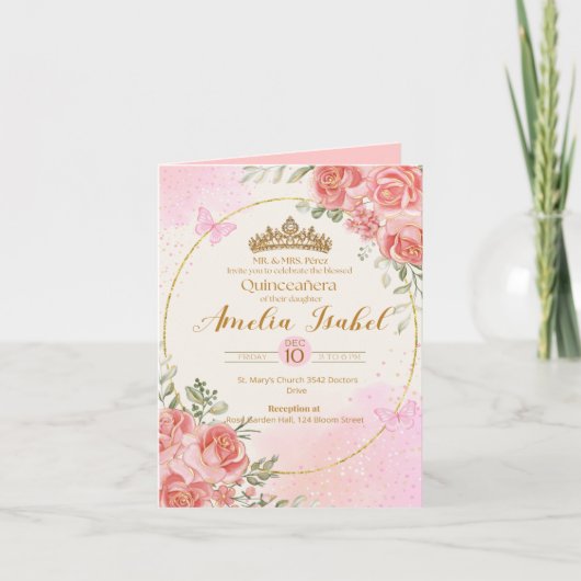 Elegant Gold & Blush Quinceañera Invitation (Voorkant)