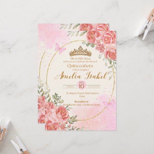 Elegant Gold & Blush Quinceañera Invitation Kaart (Voorkant / Achterkant in situ)
