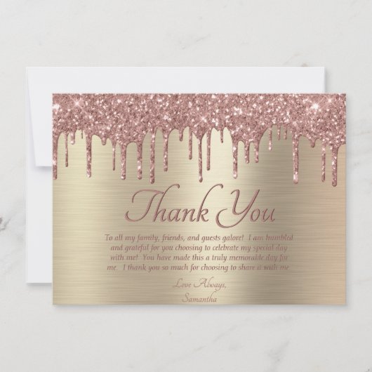 Elegant Gold Blush Roze Glitter Drip Birthday Bedankkaart (Voorkant)