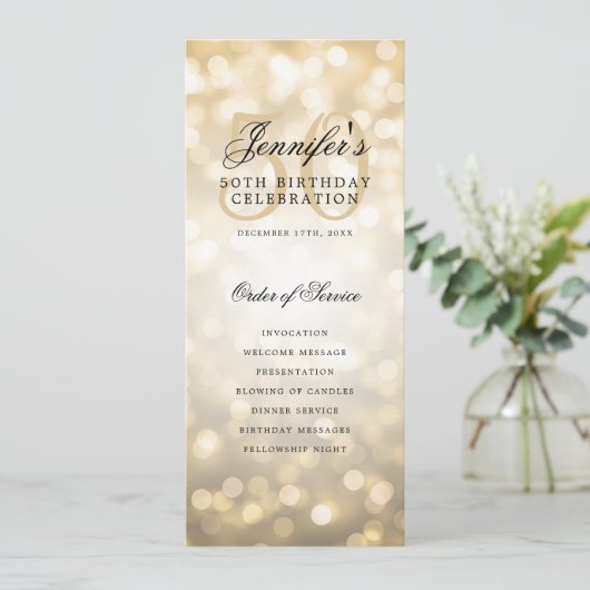 Elegant Gold Bokeh 50e verjaardagsprogramma w / Me Kaart (Staand voorkant)