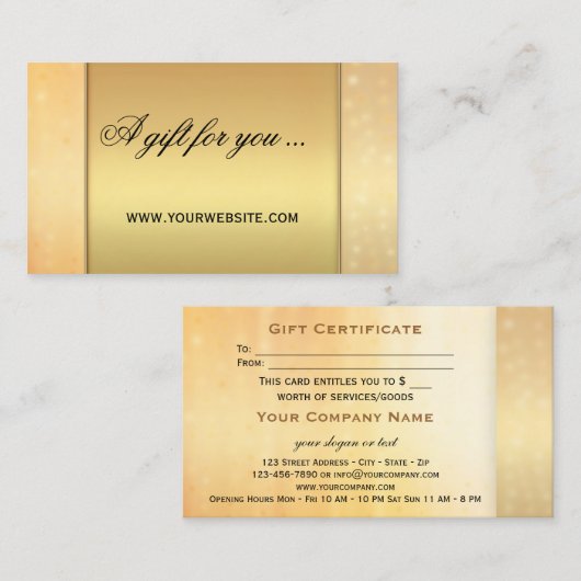 Elegant Gold Bokeh Cadeaubon Sjabloon Kortingskaartje (Voorkant / Achterkant)