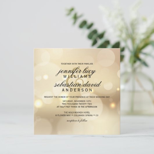 Elegant Gold Bokeh Light Chic Wedding Kaart (Staand voorkant)