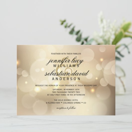 Elegant Gold Bokeh Light Chic Wedding Kaart (Staand voorkant)