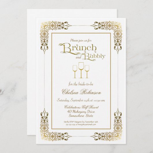 Elegant Gold Border Brunch en Bubble Kaart (Voorkant / Achterkant)