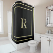 Elegant Gold Border en Custom Monogram Black Douchegordijn (In situ)