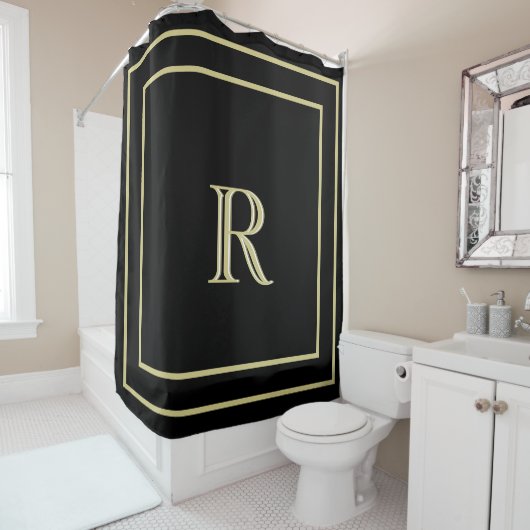 Elegant Gold Border en Custom Monogram Black Douchegordijn (In situ)