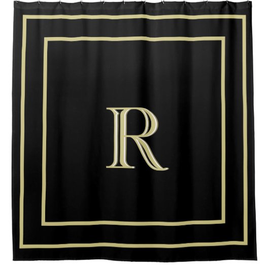 Elegant Gold Border en Custom Monogram Black Douchegordijn (Voorkant)