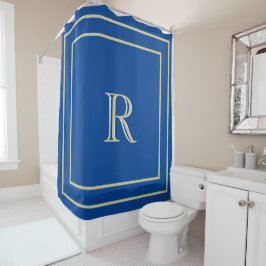Elegant Gold Border en Custom Monogram Blue Douchegordijn