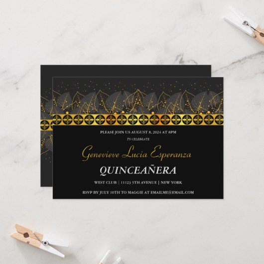 Elegant Gold Border Quinceañera Uitnodiging (Voorkant / Achterkant in situ)