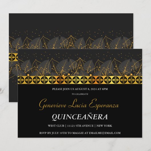 Elegant Gold Border Quinceañera Uitnodiging (Voorkant / Achterkant)