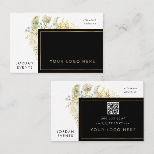 Elegant Gold Border Wilde flower QR CODE Visitekaartje (Voorkant / Achterkant)