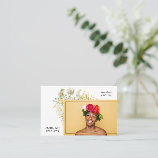 Elegant Gold Border Wildflower Photo Event Stylist Visitekaartje (Staand voorkant)