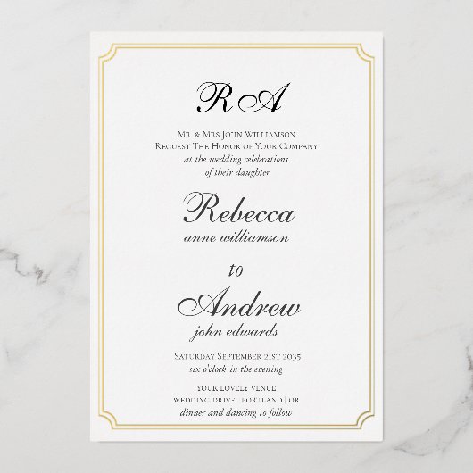 Elegant Gold Borders Classic monogram Folie Uitnodiging (Voorkant)