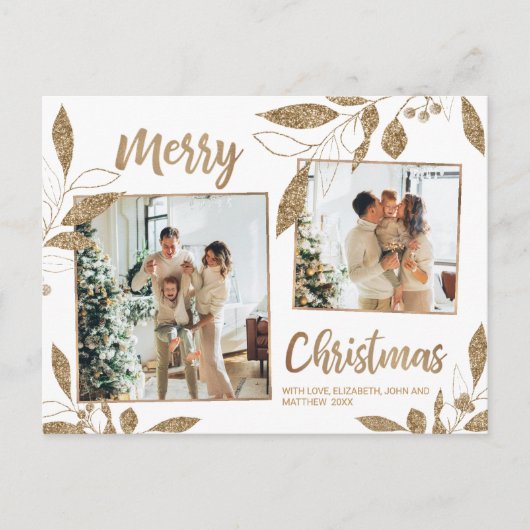 Elegant Gold Botanical 2 Photo Collage Kerstmis Briefkaart (Voorkant)