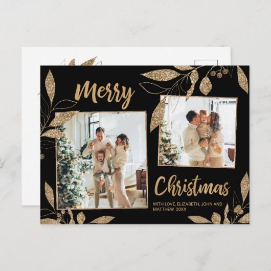 Elegant Gold Botanical 2 Photo Collage Kerstmis Briefkaart (Voorkant / Achterkant)