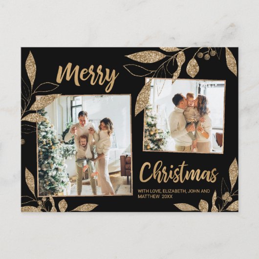 Elegant Gold Botanical 2 Photo Collage Kerstmis Briefkaart (Voorkant)