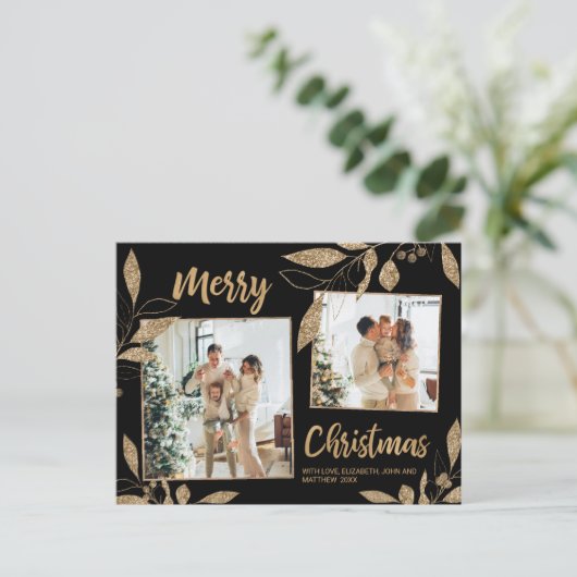 Elegant Gold Botanical 2 Photo Collage Kerstmis Briefkaart (Staand voorkant)