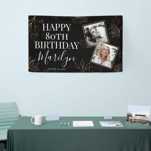 Elegant Gold Botanical 2 x Photo 80th Birthday Spandoek (Beurs)