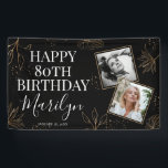 Elegant Gold Botanical 2 x Photo 80th Birthday Spandoek<br><div class="desc">Wow je gasten op je verjaardagsfeestjes met deze elegante faux gouden botanische 80ste verjaardagsbanner. Met twee vierkante foto's,  bladzijden en bloemdecoratie,  kunstgoudstof,  hun leeftijd,  naam en datum. Deze banner is unisex en kan voor elke leeftijd worden gebruikt.</div>
