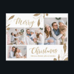 Elegant Gold Botanical 4 Photo Collage Kerstmis Briefkaart<br><div class="desc">Elegant, modern goud botanisch blad 4 fotocollage vrolijk goud en wit kerstvakantie Briefkaart. Deze feestelijke, minimalistische, grillige vier (4) foto vakantie briefkaart sjabloon beschikt over een fotocollage, faux gouden folie botanische bladeren, winterbessen en zegt Merry Christmas! De begroetingstekst "Vrolijk kerstfeest" is geschreven in een prachtige met de hand geletterde typografie...</div>