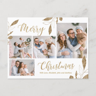Elegant Gold Botanical 4 Photo Collage Kerstmis Briefkaart