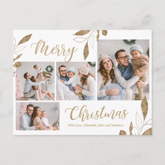Elegant Gold Botanical 4 Photo Collage Kerstmis Briefkaart (Voorkant)