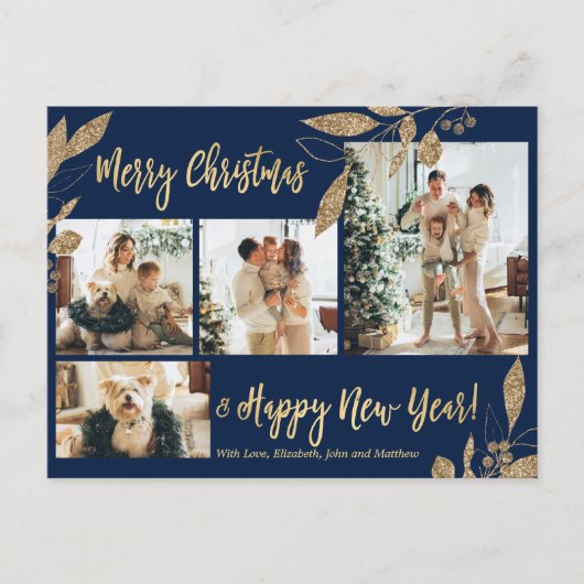 Elegant Gold Botanical 4 Photo Collage Kerstmis Briefkaart (Voorkant)