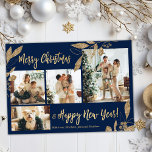 Elegant Gold Botanical 4 Photo Collage Kerstmis Briefkaart<br><div class="desc">Elegant, modern marineschip en goudbotanische bladeren 4 Foto Collage Merry kerstvakanay Briefkaart. Deze festieve, imimalistische, grillige sjabloon met vier (4) fotovakantiedagen is voorzien van een fotocollage, faux gouden olievleisteen, botanische bladeren, winterbessen en zegt "Vrolijk Kerstfeest en Gelukkig Nieuwjaar"! De groettekst "Vrolijk Kerstmis en Gelukkig Nieuwjaar" is geschreven in een mooi...</div>