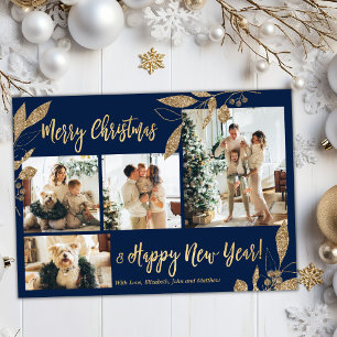 Elegant Gold Botanical 4 Photo Collage Kerstmis Briefkaart