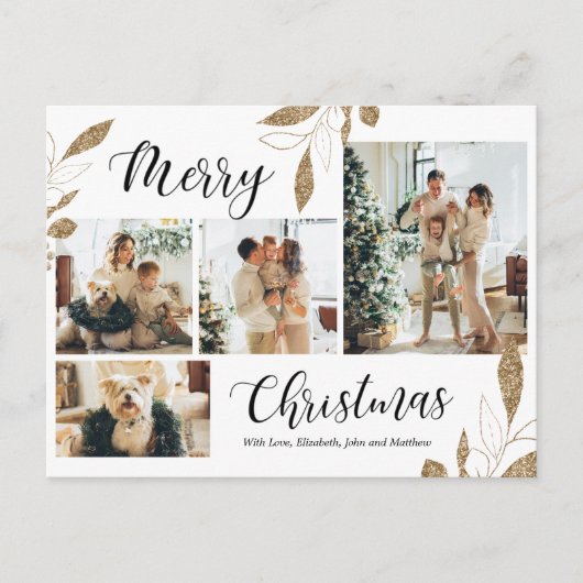 Elegant Gold Botanical 4 Photo Collage Kerstmis Briefkaart (Voorkant)