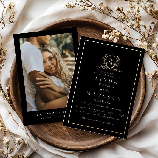 Elegant gold botanical crest monogram wedding fo folie uitnodiging