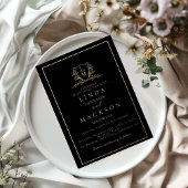 Elegant gold botanical crest monogram wedding fo folie uitnodiging