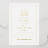 Elegant  gold botanical crest monogram wedding fo folie uitnodiging (Voorkant)