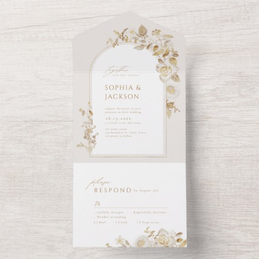 Elegant Gold Botanical Floral Arch Wedding All In One Uitnodiging (Binnen)