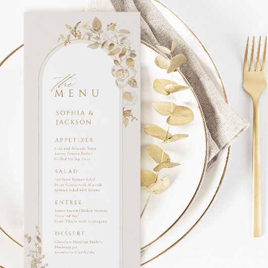 Elegant Gold Botanical Floral Arch Wedding Menu