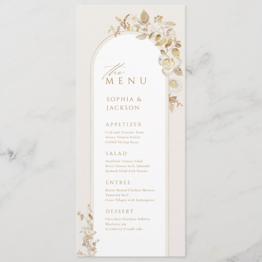 Elegant Gold Botanical Floral Arch Wedding Menu (Voorkant)